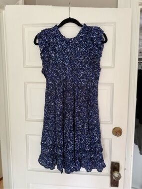 Aqua Navy Floral Smocked Mini Dress